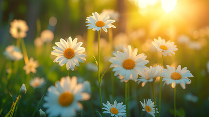 Sunlit spring meadow with many blooming daisy flowers, capturing the essence of renewal. AI Generative