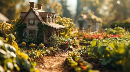 miniature homestead surrounded by a flourishing vegetable garden, creating a peaceful and fruitful atmosphere