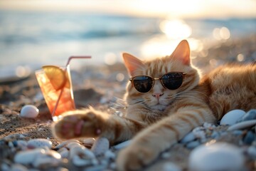 A cute ginger cat in sunglasses relaxing on a beach with a lemon drink next to it