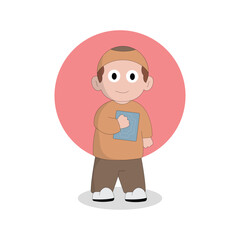 Illustration of the character of a small Ramadan Kareem child reciting the Koran with a simple concept and playing with fireworks