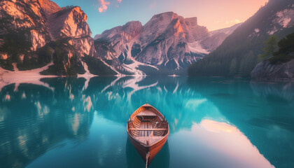 A solitary wooden canoe floats on a tranquil turquoise lake in front of mountains under a soft pink sunrise - obrazy, fototapety, plakaty