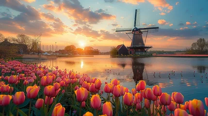 Zelfklevend Fotobehang Windmill in Holland Michigan - An authentic wooden windmill from the Netherlands rises behind a field of tulips in Holland Michigan at Springtime. High quality photo. High quality photo © Jennifer