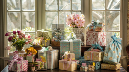 A table filled with various boxes and bags all decorated with springtime designs and filled with carefully selected and wrapped gifts waiting to be od by grateful mothers. - obrazy, fototapety, plakaty