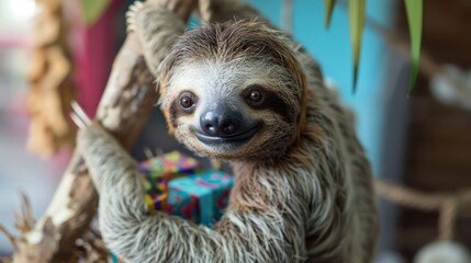 Fototapeta premium the adorable celebration as a baby sloth hangs from a branch, exploring a birthday gift with a leisurely and content expression