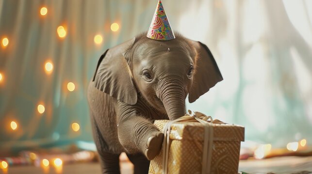 the adorable celebration as a baby elephant happily unwraps a birthday present with a party hat on its head