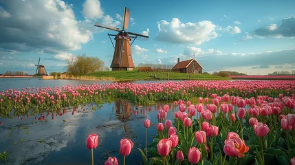 Fototapeten Windmill in Holland Michigan - An authentic wooden windmill from the Netherlands rises behind a field of tulips in Holland Michigan at Springtime. High quality photo. High quality photo © Jennifer