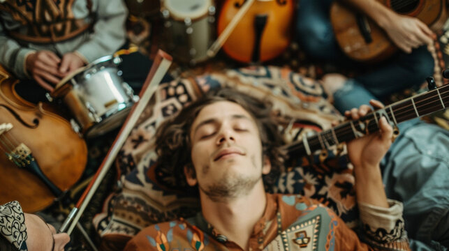 A photo of a person lying on their back with their eyes closed surrounded by a group of people playing different musical instruments. The music is gentle and soothing creating