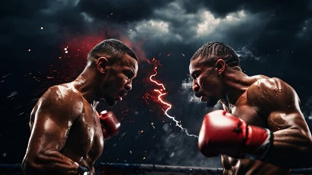 Two professional boxers in red gloves facing each other prepare to strike against an overcast sky with lightning and sparks