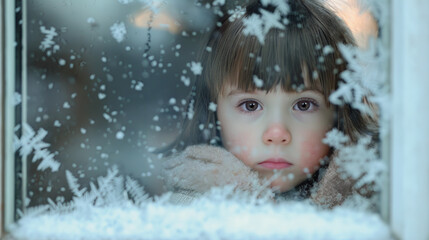 Fototapeta premium A female child looking out a window at the falling snow.