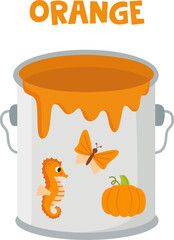 Learning basic colors for kids. Color flashcard. Orange paint can.