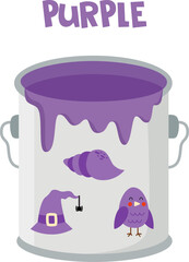 Learning basic colors for kids. Color flashcard. Purple paint can.