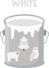 Learning basic colors for kids. Color flashcard. White paint can.