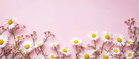 view Minimal styled concept White daisy flower. Spring flowers border with white blossoms beautiful on pink pastel background banner copy space area