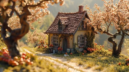 the enchanting scene of a miniature house in the middle of a blooming orchard, with fruit-laden...
