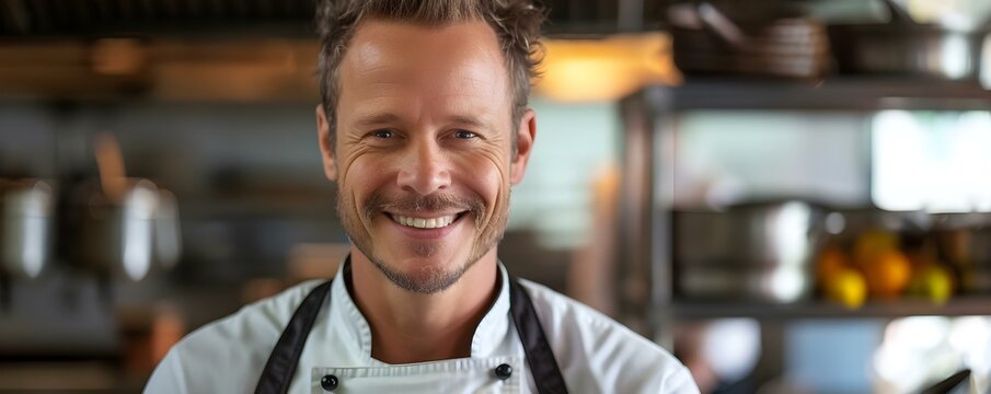 Smiling Australian chef midaged working in restaurant kitchen. Concept Australian Cuisine, Chef Lifestyle, Restaurant Kitchen, Cooking Techniques, Smiling Portrait