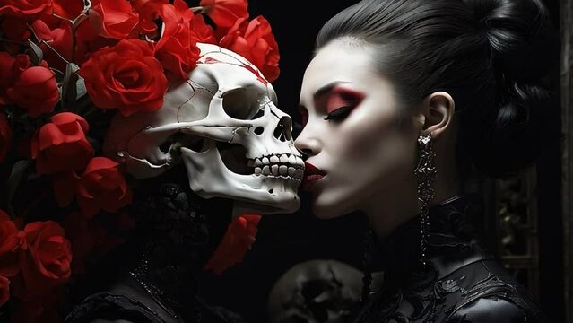Gothic style girl kissing a skull with red roses on her head. Dark crypt in the background. Fear and horror concept