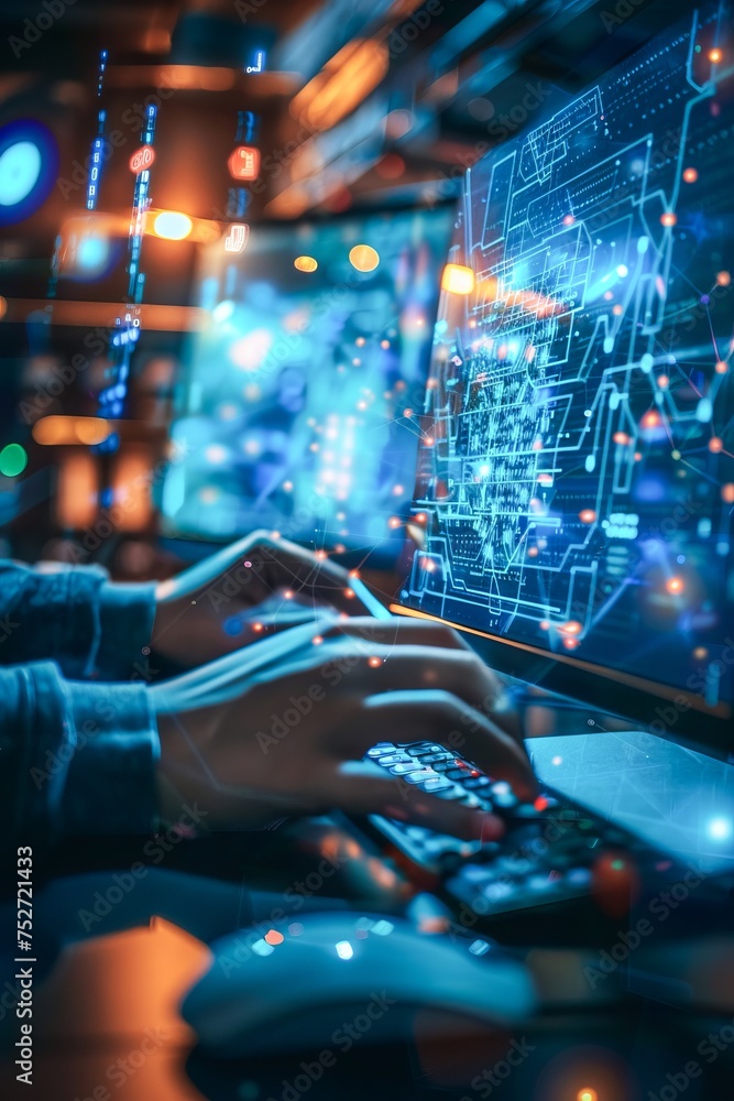 Poster close-up view of a person typing on a backlit keyboard with futuristic holographic displays