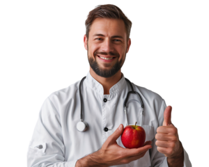 Smiling doctor holding a fresh apple and showing thumbs up gesture, isolated on transparent background