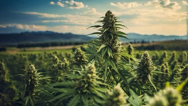 Growing medical marijuana on green fields at sunset. Close up of a marijuana bush. Natural medicine concept