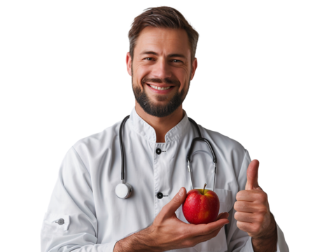 Smiling doctor holding a fresh apple and showing thumbs up gesture, isolated on transparent background