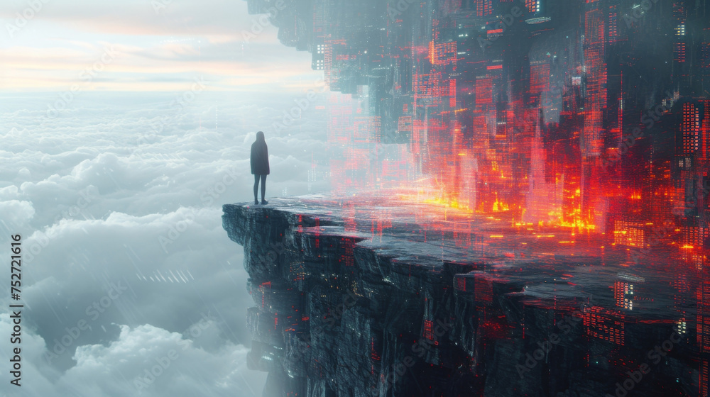Poster in a digital landscape an abstract image shows a person standing on a rocky cliff with various inves