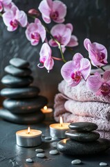 Fototapeta na wymiar Tranquil Spa Setting With Orchids, Candles, and Stones on a Serene Evening