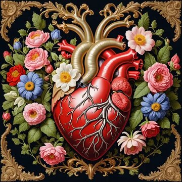 Portrait illustration of human's heart in flowers