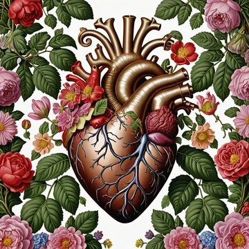 Portrait illustration of human's heart in flowers