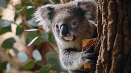 the happiness of a baby koala bear climbing a eucalyptus tree to reach a surprise birthday gift box