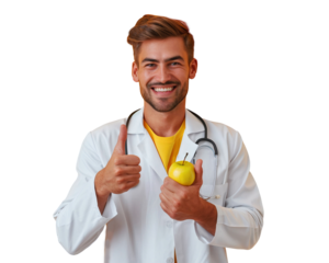 Smiling doctor holding a fresh apple and showing thumbs up gesture, isolated on transparent background