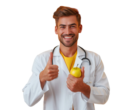 Smiling doctor holding a fresh apple and showing thumbs up gesture, isolated on transparent background