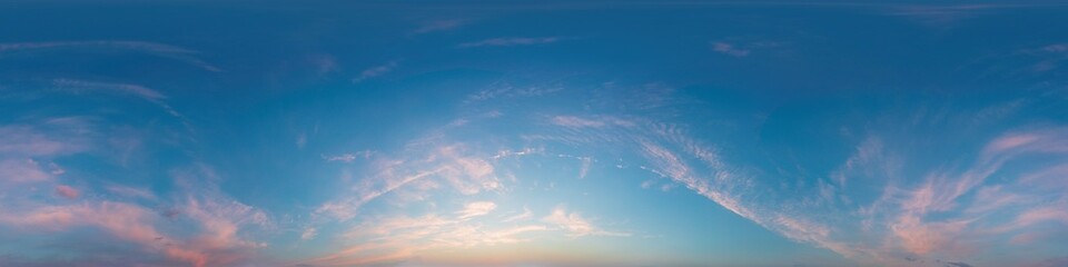 360 panorama of glowing sunset sky with bright Cirrus clouds. Seamless hdr spherical 360 panorama....