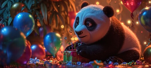 the joyous moment of a baby panda receiving a birthday gift, surrounded by colorful balloons and a...