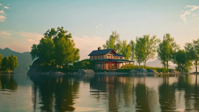 house by the lake. 4k video animation