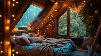 the serenity of a cozy attic bedroom bathed in the warm hues of string lights, creating a dreamy and comfortable retreat