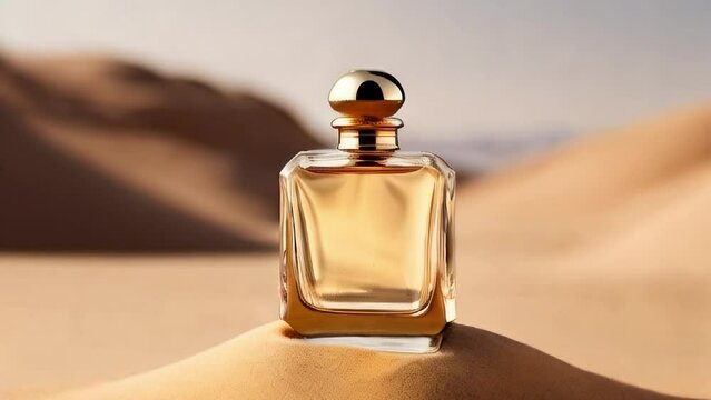 A bottle of glass transparent perfume stands on the sand in the desert against a background of sand dunes and clear sky. Concept perfume and cosmetics. Pleasant smell and selfcare. Mock up perfume