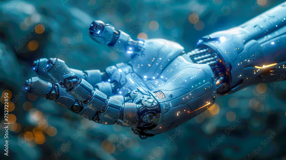 Poster robot hand touching virtual screen with bokeh background