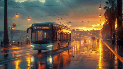 Bus on the road in the rain at sunset