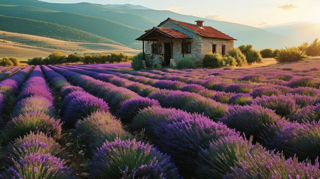 the serenity of a tiny cottage in a field of lavender, with rows of neatly arranged lavender bushes creating a fragrant landscape