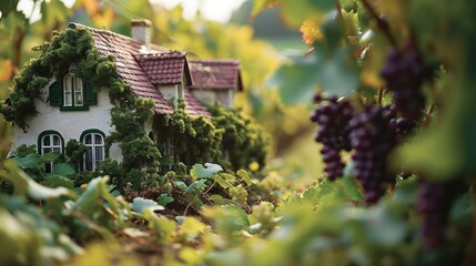 the tranquility of a miniature home surrounded by a lush green vineyard, with ripe grapes hanging...