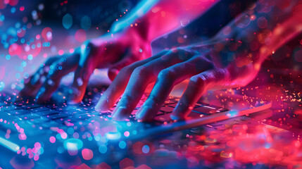 Hands resting on laptop keyboard Surrounded by blue-red bokeh light