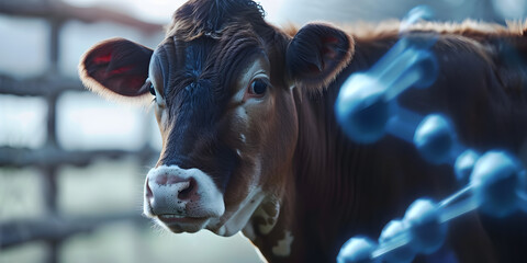A close up photo of a brown cow face with DNA