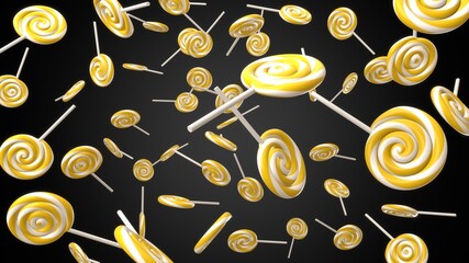 Yellow lollipops on a black background.
3DCG illustration for background.
