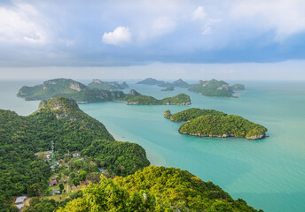 aerial  landscape view above beautiful archipelago group of small island Angthong Islands National Marine Park Surat Thani, Thailand destinations relax summer holidays concept