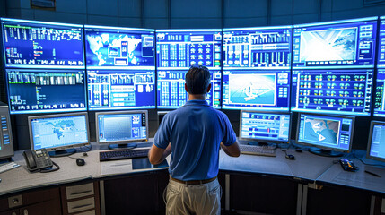 A man is sitting in front of a computer monitor with a blue shirt on. He is looking at the screen and he is focused on the work he is doing