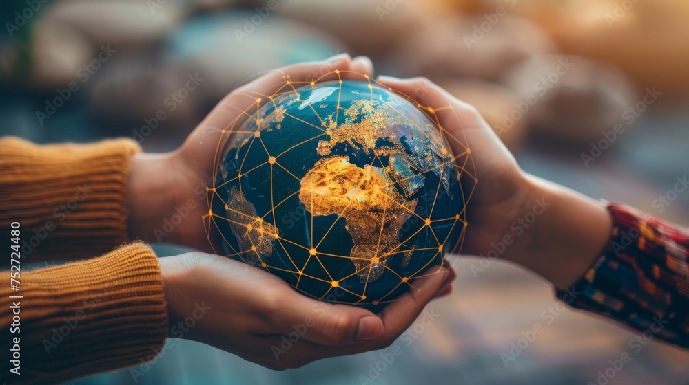 Poster a closeup of two hands holding a globe surrounded by a network of lines connecting different countri