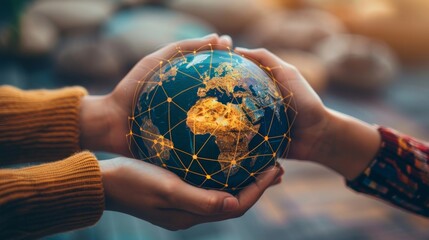 A closeup of two hands holding a globe surrounded by a network of lines connecting different countries and continents. The image represents the global reach and impact of