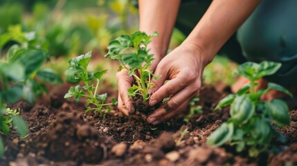 A gardener's hands are busy planting stevia, the natural sweetener, in a lush, organic garden soil, promoting sustainable agriculture.