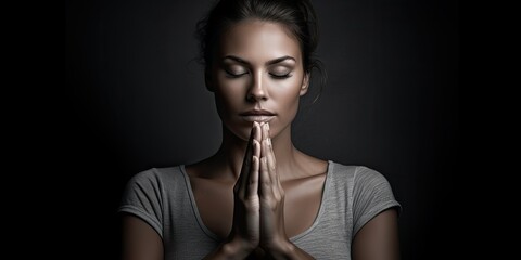 In a close-up portrait, a girl clasps her hands together in prayer, her silhouette illuminated against a dark backdrop - obrazy, fototapety, plakaty