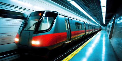A high-speed train races forward with sleek, modern lines, embodying futuristic transportation in a dynamic panning motion